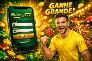 Tela de login Brazino777 com jogador comemorando